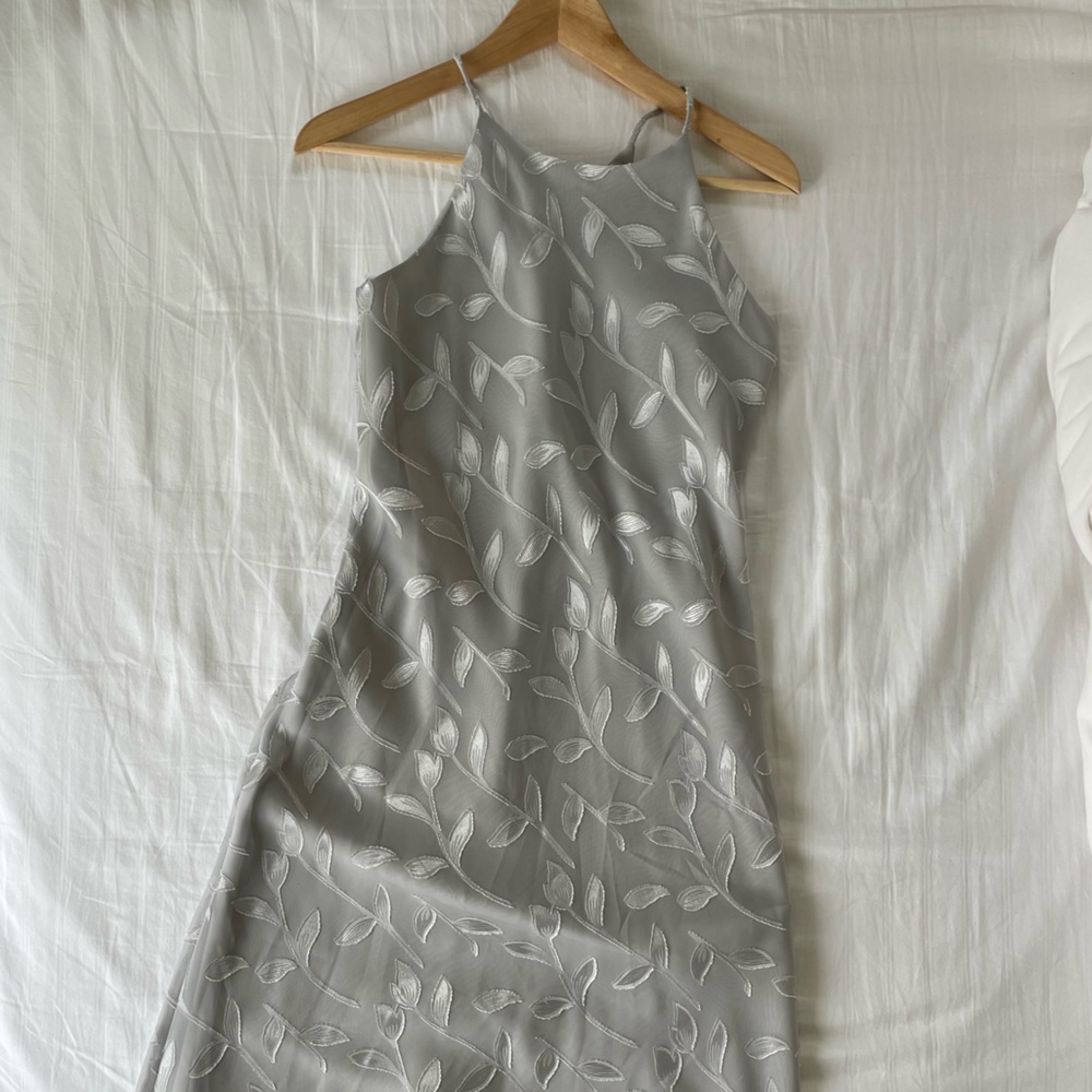 Formal Gray Halter Maxi Dress With Silver Detailing